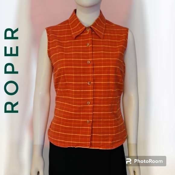 VTG ROPER 1980s Orange Plaid Sleeveless Cropped Button Down Rodeo Shirt - Picture 1 of 6